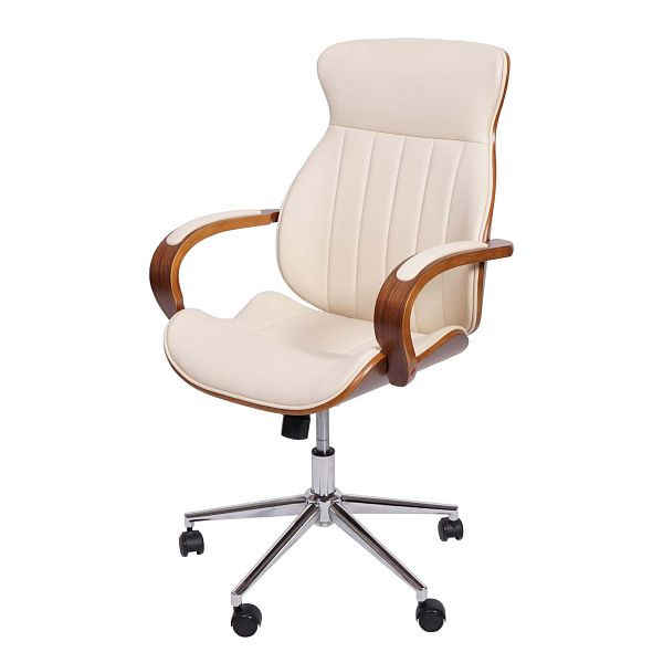 Mendler Bürostuhl HWC-H39, Schreibtischstuhl Drehstuhl Chefsessel, Bugholz Walnuss-Optik Kunstleder FSC®-zertifiziert, creme, 73334