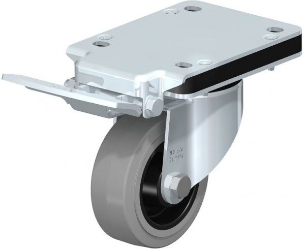 Blickle LK-POEV 100XR-3-IS-SG Stahlblech-Lenkrolle, schwere Ausführung, mit Anschraubplatte & Feststeller, Elastik-Vollgummi, Grau, 850994