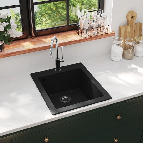 vidaXL Granitspüle Einzelbecken Schwarz, Material: Granit, 141672