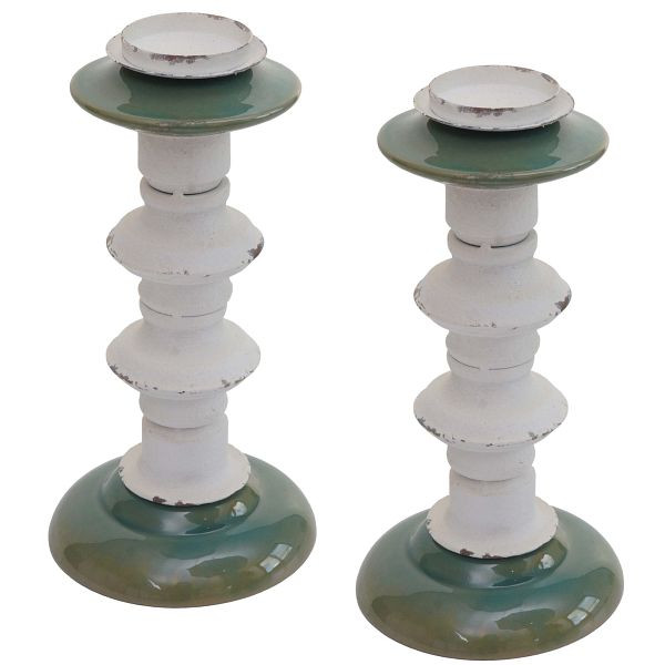 Mendler 2er-Set Kerzenständer HWC-N36, Kerzenhalter Kerzensäule, Shabby-Look Vintage Metall Keramik Höhe 25cm, 106176