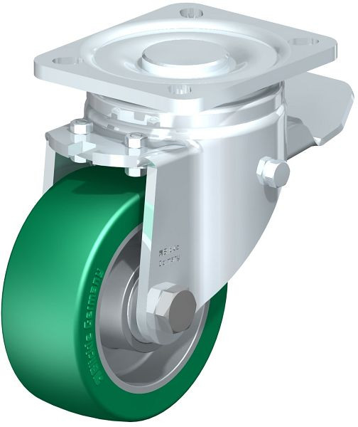 Blickle LH-ALST 100K-1-ST Stahlblech-Lenkrolle, Schwerlast-Ausführung, mit Anschraubplatte & Feststeller, Blickle Softhane®, Grün, 622126
