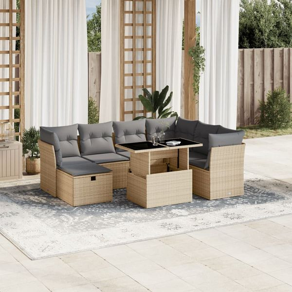 vidaXL 8-tlg. Garten-Sofagarnitur mit Kissen Beige Poly Rattan, 3274679