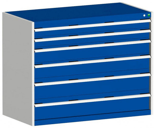 bott cubio Schubladenschrank bestückt mit 6 Schwerlastschubladen BxTxH: 1300 x 750 x 1000 mm, RAL 7035/5010, 40030094.11V