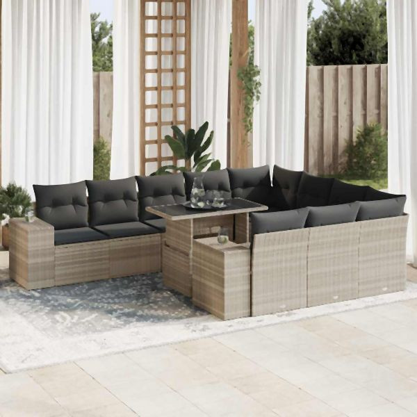 vidaXL 11-tlg. Garten-Sofagarnitur mit Kissen Hellgrau Poly Rattan, 3326873