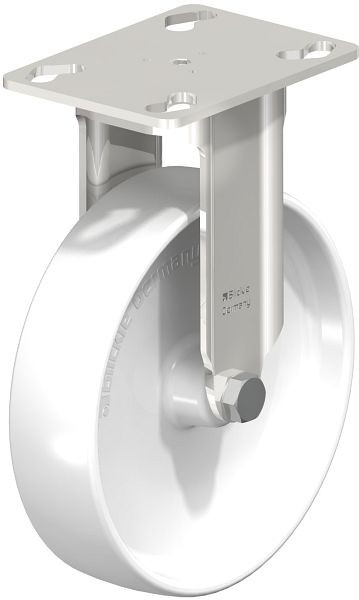 Blickle BKPXA-PO 126G Edelstahl-Apparate-Bockrolle mit Anschraubplatte, Polyamid, Weiß, 758387