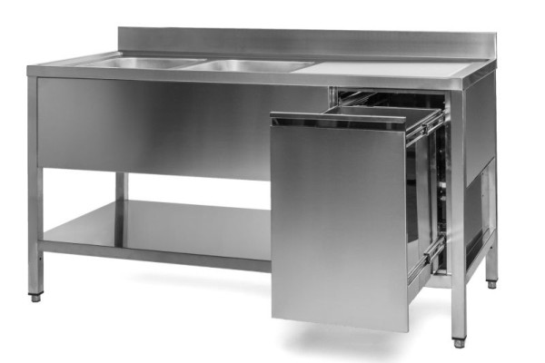 A&S Gastro Spültisch mit Abfallbehälter, 2 Becken links, Bautiefe 700 mm, 140x700x850 mm, SPT1472BL-A