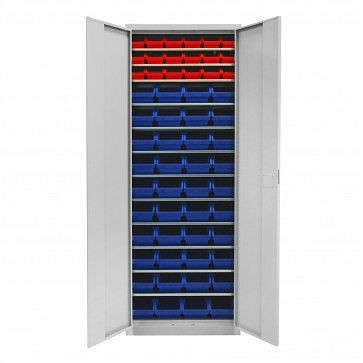 ADB Flügeltürenschrank mit 58 Sichtlagerkästen und Fachböden, Maß BxLxH: 116x212x75 mm, Farbe: Rot, Farbe: Blau, 40829