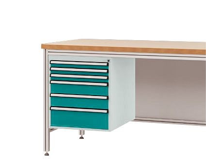 Manuflex Gehäuse-Unterbau für ALU-Arbeitstische, Nutzhöhe 500 mm mit 6 Schubfächern, für Tischtiefe 800 mm, Wasserblau, ZB4922.5021