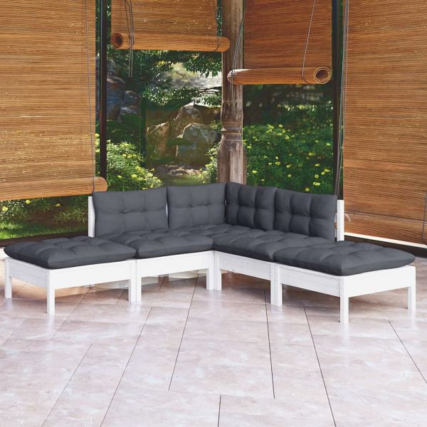 vidaXL 5-teilig Garten-Lounge-Set mit Kissen Weiß Kiefernholz, 3096311