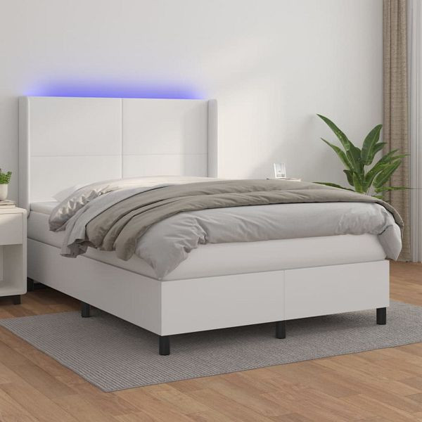 vidaXL Boxspringbett mit Matratze & LED Weiß 140x190 cm Kunstleder, 3139260