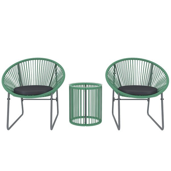 Outsunny 3-teiliges Outdoor-Möbelset, 1 Tisch, 2 Stühle, Glastischplatte, Kunststoff-Rattan um Stahlrahmen, weiche Kissen, Grün, 863-173V00GN