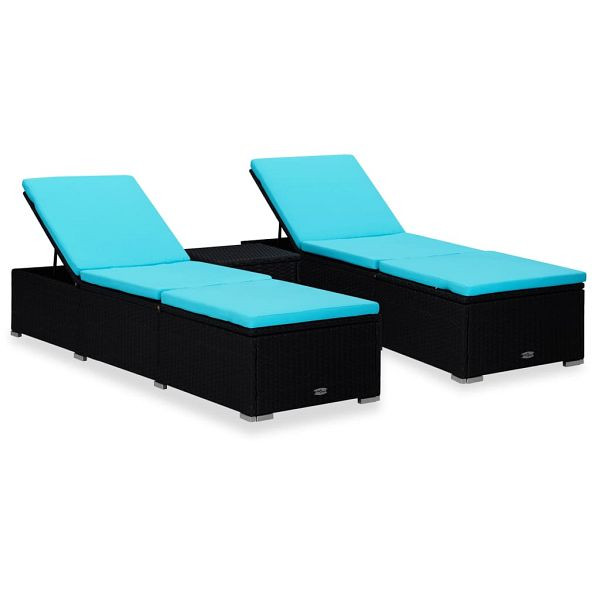 vidaXL 3-teilig Garten-Sonnenliegen mit Teetisch Poly Rattan Schwarz, 3057668