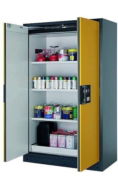 asecos Sicherheitsschrank Q-PEGASUS-90, Q90.195.120.WDAC in sicherheitsgelb RAL 1004 mit 3x Fachboden (Stahlblech), 30002-040-30003