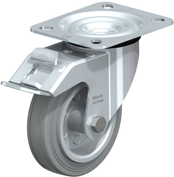 Blickle LE-VE 100R-FI-SG Stahlblech-Lenkrolle mit Anschraubplatte & Feststeller, Vollgummi, Grau, 331579