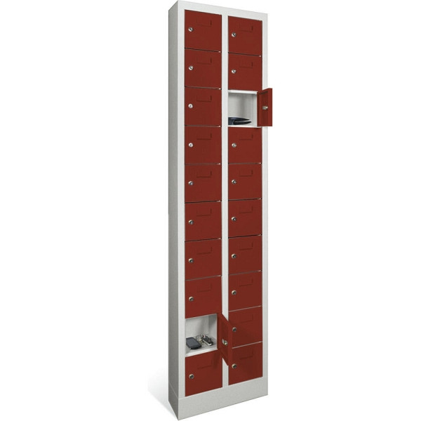 Deskin Kleinfachschrank 2 x 10 Fächer, Rubinrot RAL 3003, 460 x 200 x 1950 mm, mit Etikettenrahmen, 270393