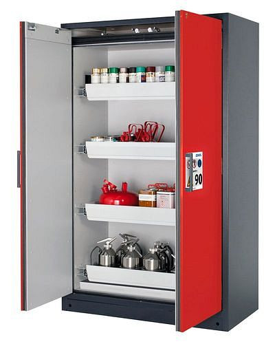 asecos Feuerbeständiger Gefahrstoffschrank Select W-124, 4 Auszugswannen, Türen rot, 201022