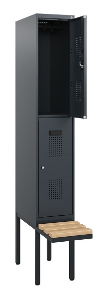 C+P Doppelstock-Spind Evolo PLUS, Bank, 2 Fächer, 1950x300x815mm, 7016/7016, Zylinderschloss, Sitzfläche Buche-Hartholz, 0493405-10 S10043