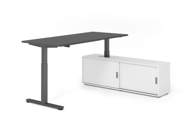 Hammerbacher Schreibtisch XMST19, 180x80cm, Platte: Graphit, T-Fuß Gestell Graphit, Höhe: 71 - 120 cm, Weiß / Weiß, VXMST19SB/G/G/W/W