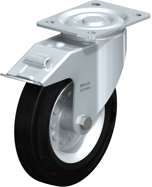 Blickle LI-VEHI 200R-FI Hitzebeständige Stahlblech-Lenkrolle mit Anschraubplatte & Feststeller, Vollgummi, Schwarz, 763582