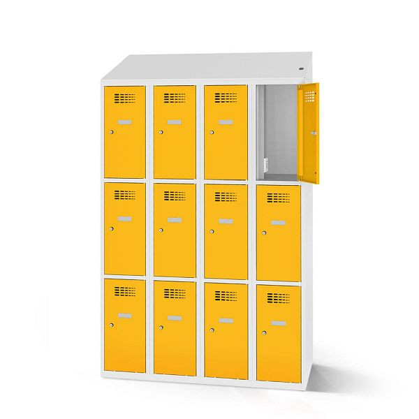Rotstahl Fächerschrank, 12 Fächer, kurzer Sockel, mit Ladefunktion, Schrägdach, Korpus: lichtgrau, Türen: verkehrsgelb, 2180-040300-1201112-7035-1023
