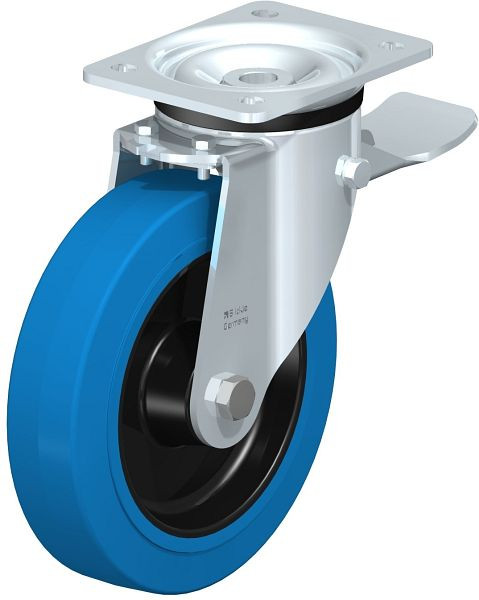 Blickle LK-POEV 200XR-ST-SB Stahlblech-Lenkrolle, schwere Ausführung, mit Anschraubplatte & Feststeller, Elastik-Vollgummi, Blau, 851291