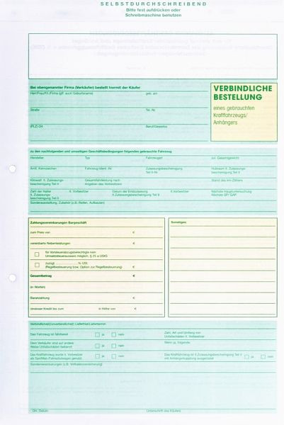 Eichner Formular "Verbindliche Bestellung gebrauchtes Kfz ohne Garantie", VE: 25 Stück, 9036-00160