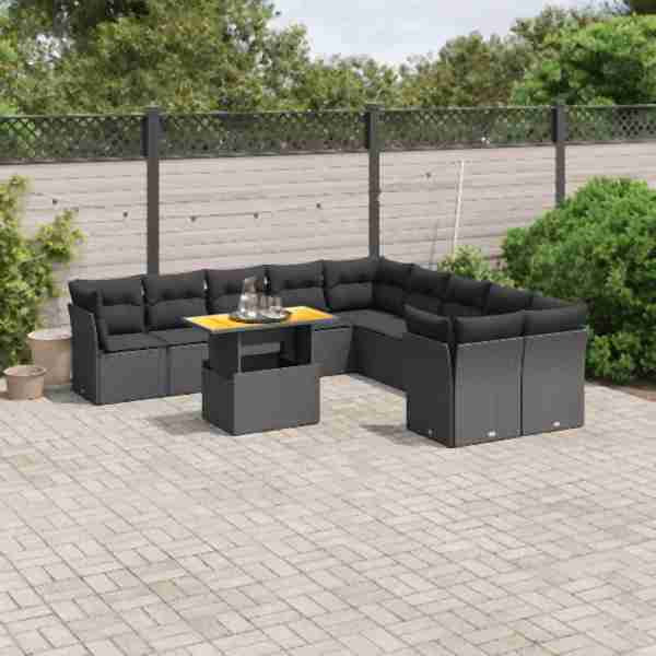 vidaXL 11-tlg. Garten-Sofagarnitur mit Kissen Schwarz Poly Rattan, UV-beständig, 3271041