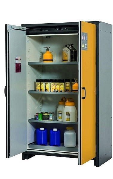 asecos Sicherheitsschrank Q-CLASSIC-30, Q30.195.116 in sicherheitsgelb RAL 1004 mit 3x Fachboden (Edelstahl), 31003-060-30008
