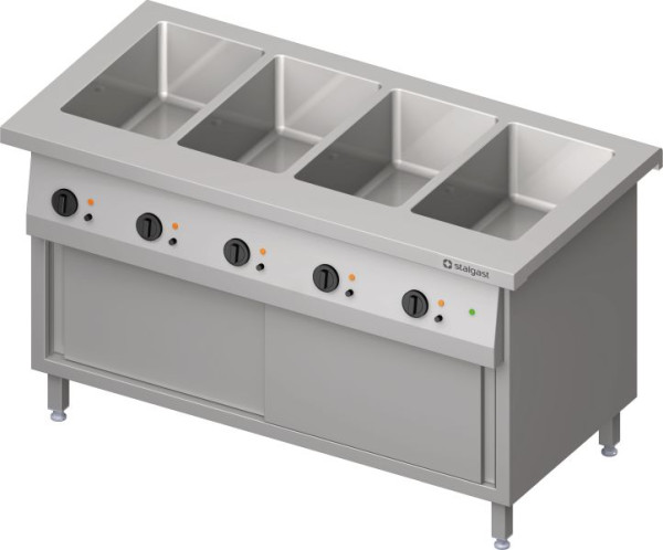 Stalgast Edelstahl Bain-Marie-Station "Free Flow" 4x GN1/1-Becken, mit Wärmeschrank und Schiebetüren, 1465x750x880 mm Granitabdeckung, FF14217
