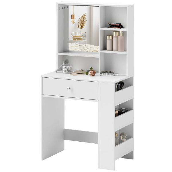 HOMCOM Schminktisch mit Spiegel, Schublade, 3-stufige Seitenablage, Spanplatte, Weiß, 831-853V90WT