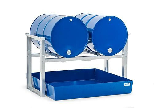 DENIOS Fassregal für 2 Fässer à 200 Liter, mit Stahlwanne, 1429 x 1210 x 837 mm, 291782