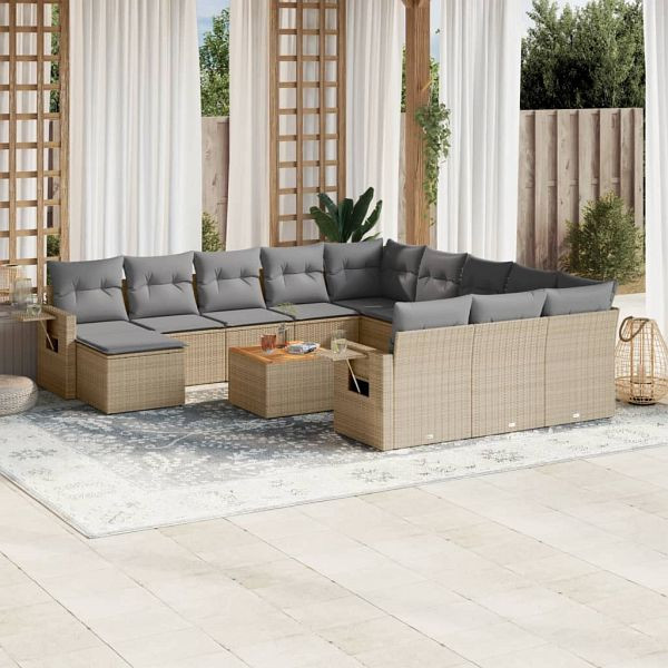 vidaXL 13-teilig Garten-Sofagarnitur mit Kissen Beige Poly Rattan, 3224869