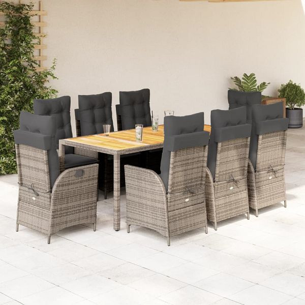 vidaXL 9-teilig Garten-Essgruppe mit Kissen Grau Poly Rattan, 3213111