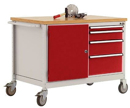 Manuflex Mobile Werkbank Modell 4 mit geölter Multiplex-Abdeckplatte 30 mm BxTxH 1135 x 590 x 810 mm, rubinrot, TP1004.3003