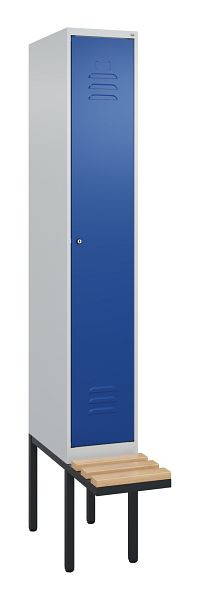 C+P Umkleidespind Classic PLUS, 2120x300x815mm, 7035/5010, Zylinderschloss, Buche-Sitzleisten, 3 Doppel-Haken, 0800407-10 S10047