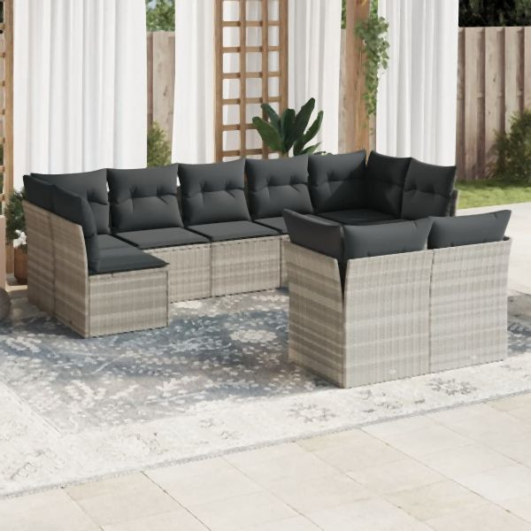 vidaXL 9-tlg. Garten-Sofagarnitur mit Kissen Hellgrau Poly Rattan, 3218152