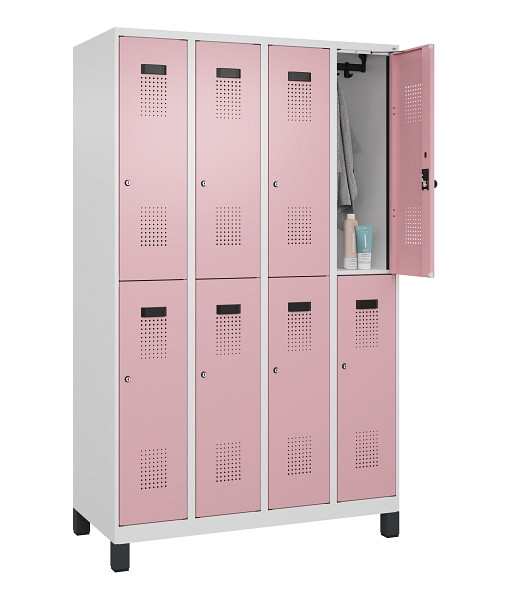 C+P Doppelstöckiger Spind Evolo PLUS, mit Füßen, 8 Fächer, 1950x1200x500mm, 901, Frontfarbe RAL 3015 Hellrosa, Zylinderschloss, 049310-40 S10045