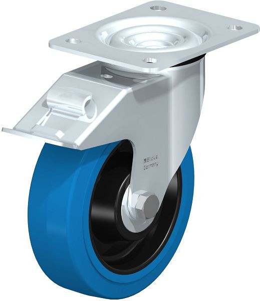 Blickle LE-POEV 160K-FI-SB Stahlblech-Lenkrolle mit Anschraubplatte & Feststeller, Elastik-Vollgummi, Blau, 655142