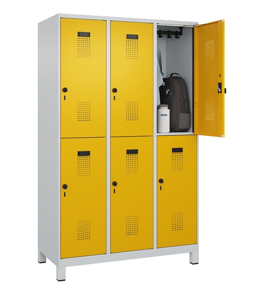 C+P Doppelstöckiger Spind Evolo PLUS, mit Füßen, 6 Fächer, 1950x1200x500mm, 703, Frontfarbe RAL 1004 Goldgelb, Drehriegel, 049310-32 S10000