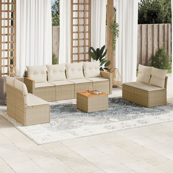 vidaXL 9-teilig Garten-Sofagarnitur mit Kissen Beige Poly Rattan, 3225897