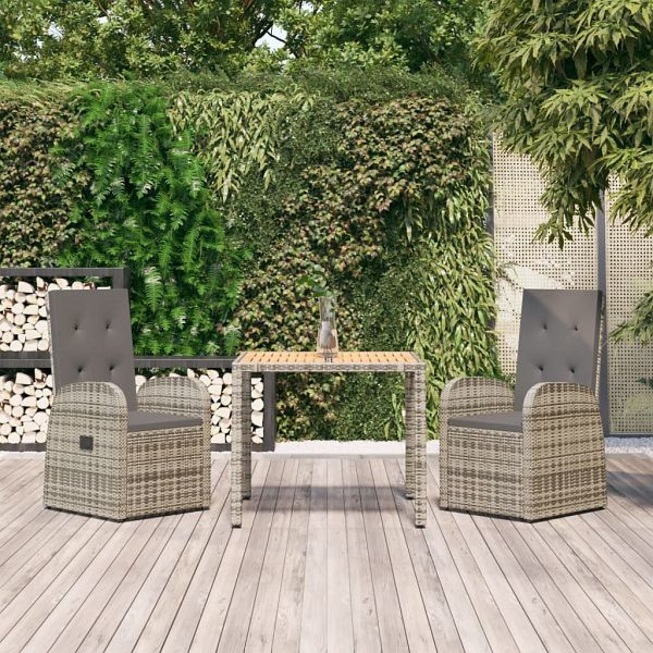 vidaXL 3-teilig Garten-Essgruppe mit Kissen Grau Poly Rattan, 3157582