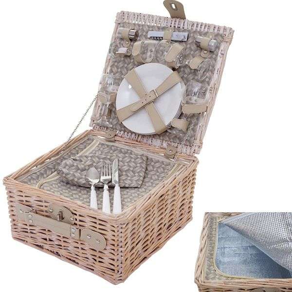 Mendler Picknickkorb-Set für 4 Personen, Picknicktasche + Kühlfach, Porzellan Glas Edelstahl, beige, 51416