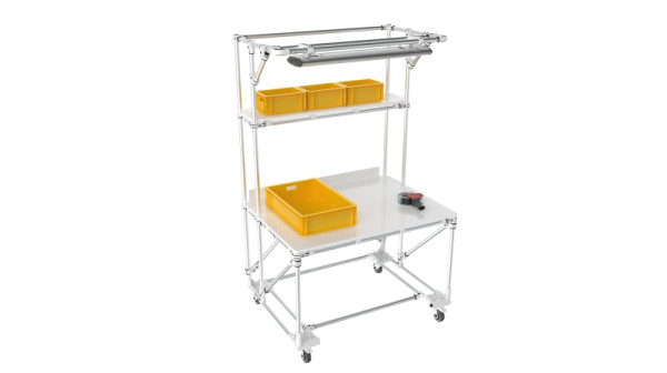 TRILOGIQ Mobiler Arbeitsplatz, beleuchtet, mit Picking-Überbau, 1200 x 900 x 2000 mm, 20321-01