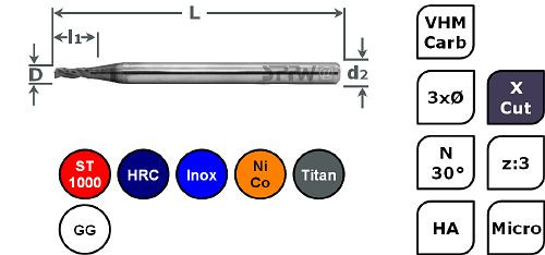 SPPW Micro-Bohrnutenfräser VHM+X.Cut 3xØ L: 39x1,5 z:3 d3 Ø0,5, 6785330050
