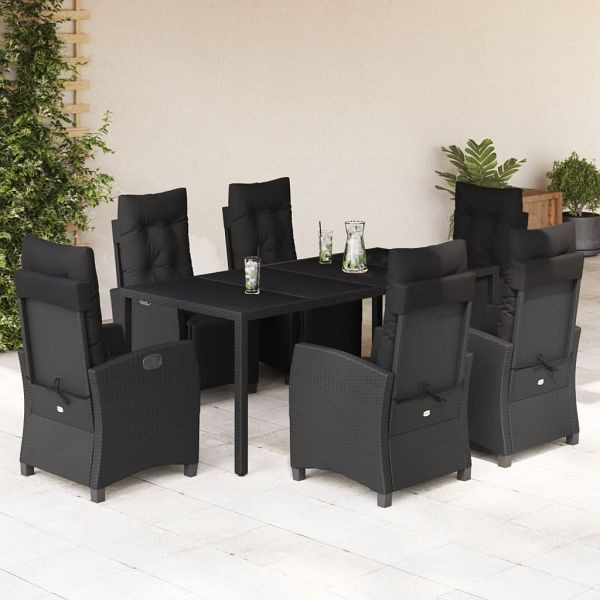 vidaXL 7-tlg. Garten-Essgruppe mit Kissen Schwarz Poly Rattan, 3212892