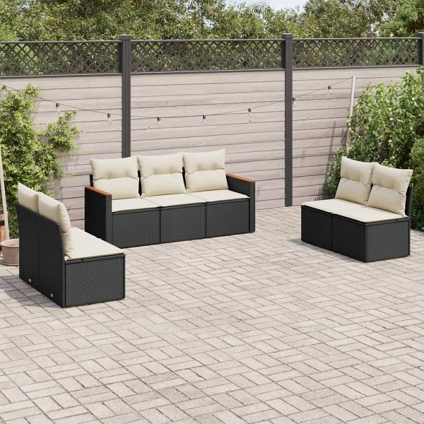 vidaXL 7-teilig Garten-Sofagarnitur mit Kissen Schwarz Poly Rattan, 3225874