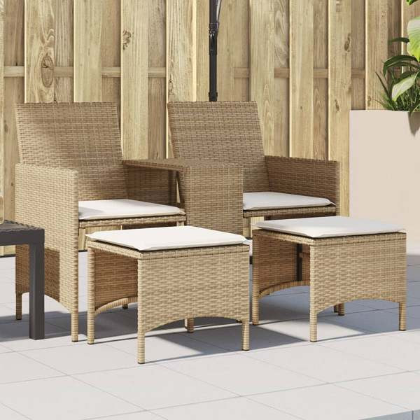vidaXL Gartensofa 2-Sitzer mit Tisch und Hockern Beige Poly Rattan, UV-beständig, 4003894