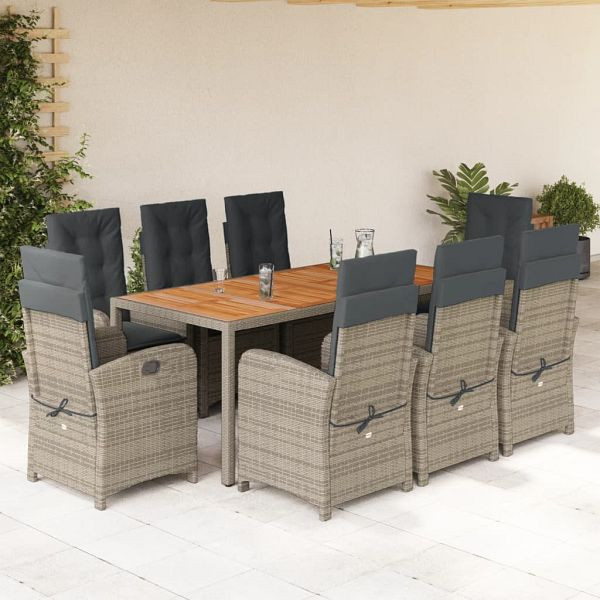 vidaXL 9-teilig Garten-Essgruppe mit Kissen Grau Poly Rattan, 3212246