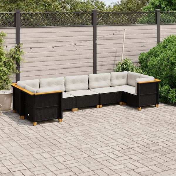 vidaXL 7-tlg. Garten-Sofagarnitur mit Kissen Schwarz Poly Rattan, UV-beständig, 3261971