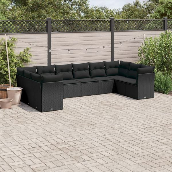 vidaXL 10-tlg. Garten-Sofagarnitur mit Kissen Schwarz Poly Rattan, 3218195